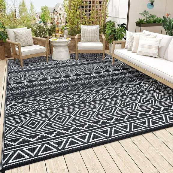 Garvee 10'x14' Plastic Outdoor Rugs, Bohemia Waterproof Straw Rug Reversible Indoor Outdoor Carpet for Patio Deck Porch Backyard Camping Picnic Beach, Black & White