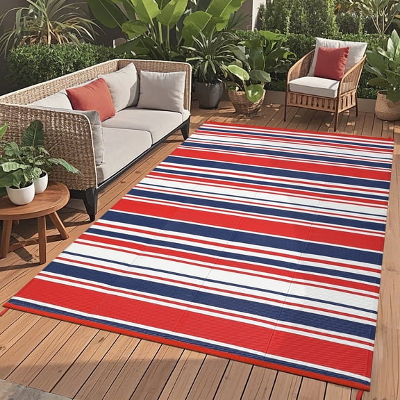 Garvee 10x14ft Waterproof Outdoor Rugs Modern Striped Straw Rugs for Patio, Reversible UV-Resistant Plastic Outdoor Camping Rugs Carpet for Porch, Deck, Backyard, Balcony, Red