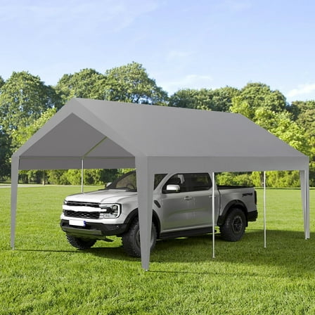 Garvee 10x20ft Metal Carport with PE Fabric Tarp & Galvanized Steel Frame Leg Wrap for Car, Grey