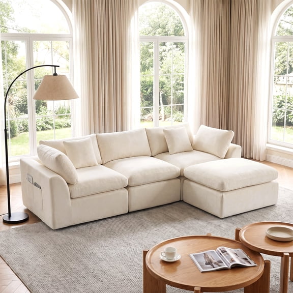 Garvee 110" Modular Cloud Sectional Couch with Ottoman, 4-Piece Convertible L-Shape Sleeper Sofa, No Assembly 30D High-Density Foam Couch in Soft Chenille Fabric, Beige
