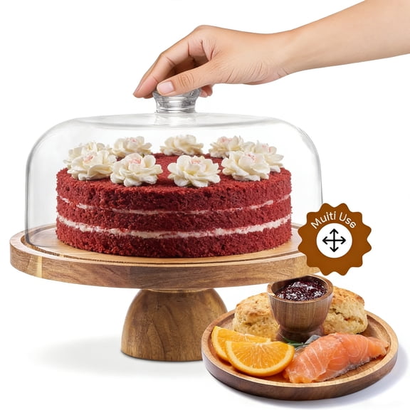Garvee 12 Inch Acacia Wood Cake Stand with Lid, Dessert Display Stand with Clear Acrylic Dome Cover, Wooden Cake Plate for Cupcakes, Pastries, Cheese & Party Food Display, Brown