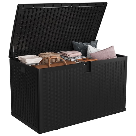 Garvee 120 Gallon Large Outdoor Resin Deck Box – Weatherproof & UV-Resistant Storage Chest – Lockable Waterproof Lid – For Patio, Garden, Poolside – Black, Gas Rod