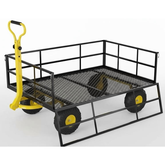 Garvee 1200 LBS Heavy Duty Steel Garden Cart Outdoor Wagon 10" Tires 180 Rotating Handle Towable for ATV/Tractor for Yard, Lawn, Farm Black Frame, Yellow Handle & Hub