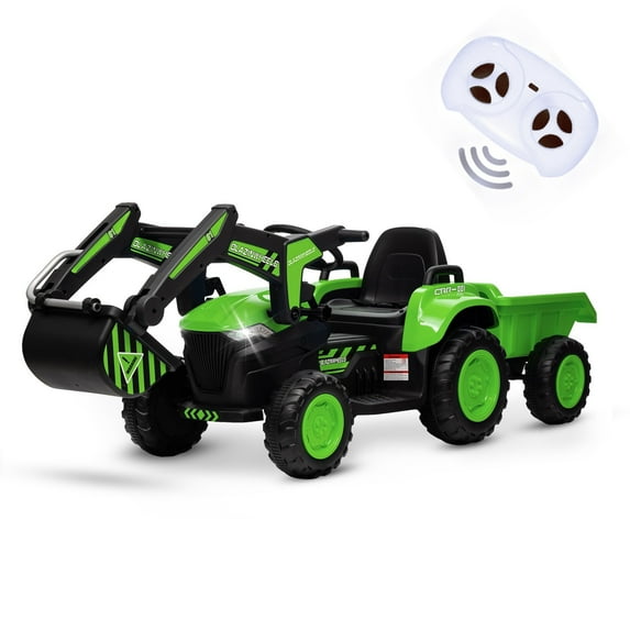 Garvee 12V 3 in 1 Kids Ride on Excavator & Tractor with Detachable Trailer, Ride-On Toys with Remote Control, Digger, LED Lights, Music, Electric Vehicles for Boys Girls, Green