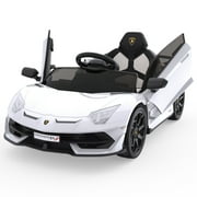 Garvee 12V Electric Ride-On Car for Kids in White | Licensed Lamborghini Battery-Powered Sports Car with Remote Control, 2 Speeds, Sound System, LED Lights & Hydraulic Doors - Ideal Gift for Ages 3-8
