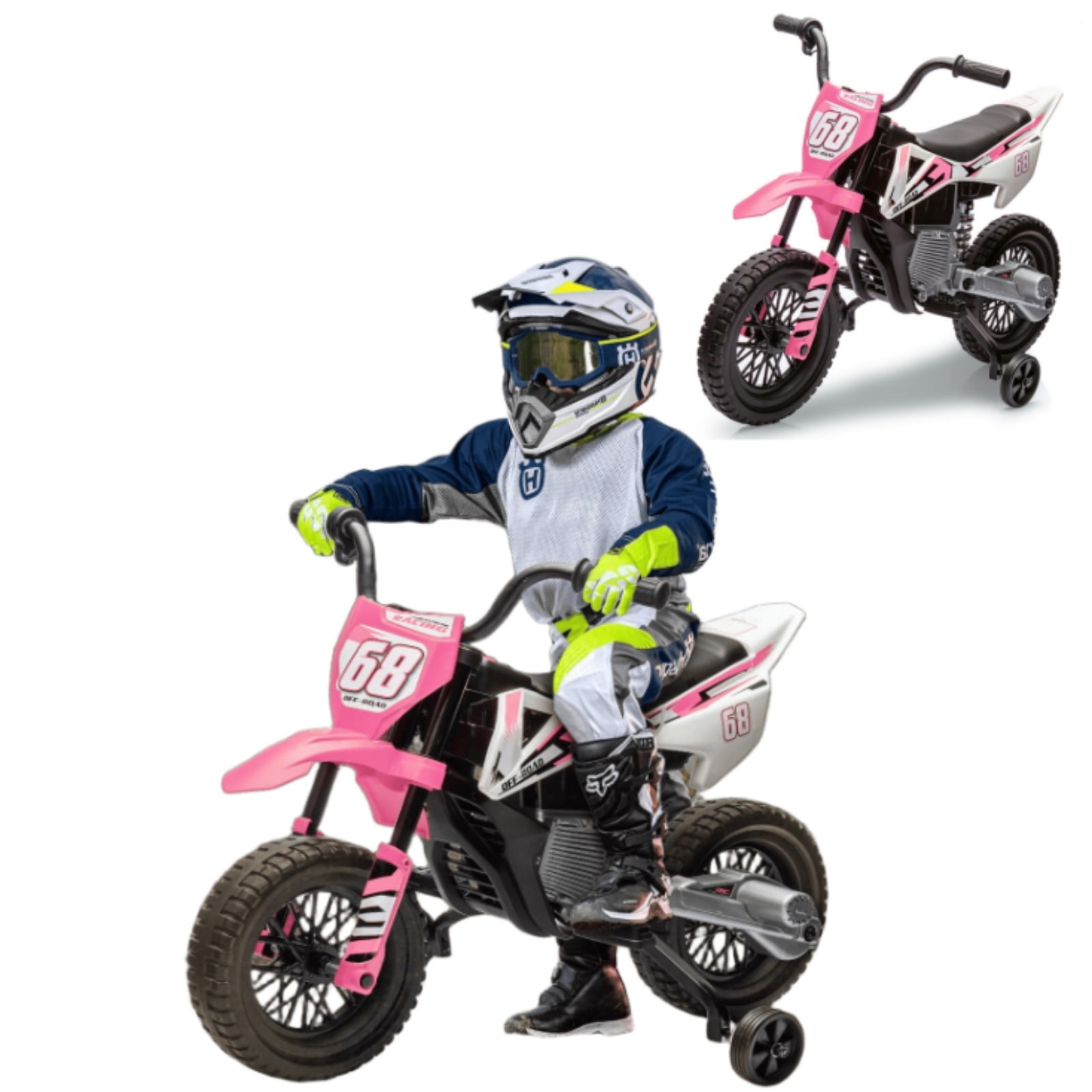Garvee 12V Kids Electric Dirt Bike with Training Wheels, Twist Grip Throttle, 3mph Max Speed, Music, Ride-On Motorcycle for Boys and Girls