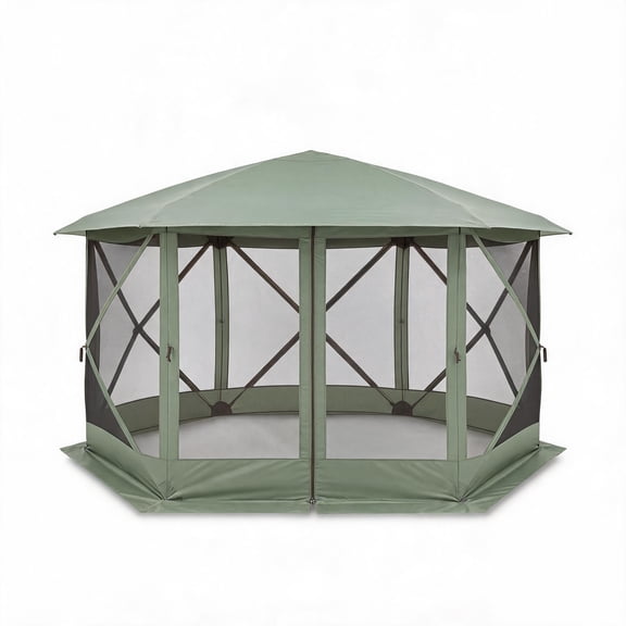 Garvee 13x13ft Hexagon Gazebo Canopy Tent with Awning 210D Oxford Outdoor Camping Shelter Pop Up Easy Setup Green Light Gray
