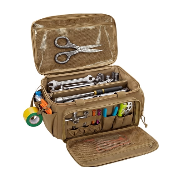 Garvee 14 Inch Heavy Duty Tool Bag with Non-Slip Base, Tool Organizer Tote with Multiple Pockets, Water-Resistant Nylon Hand Tool Storage for Electricians, Carpenters & Repair Work (Brown)