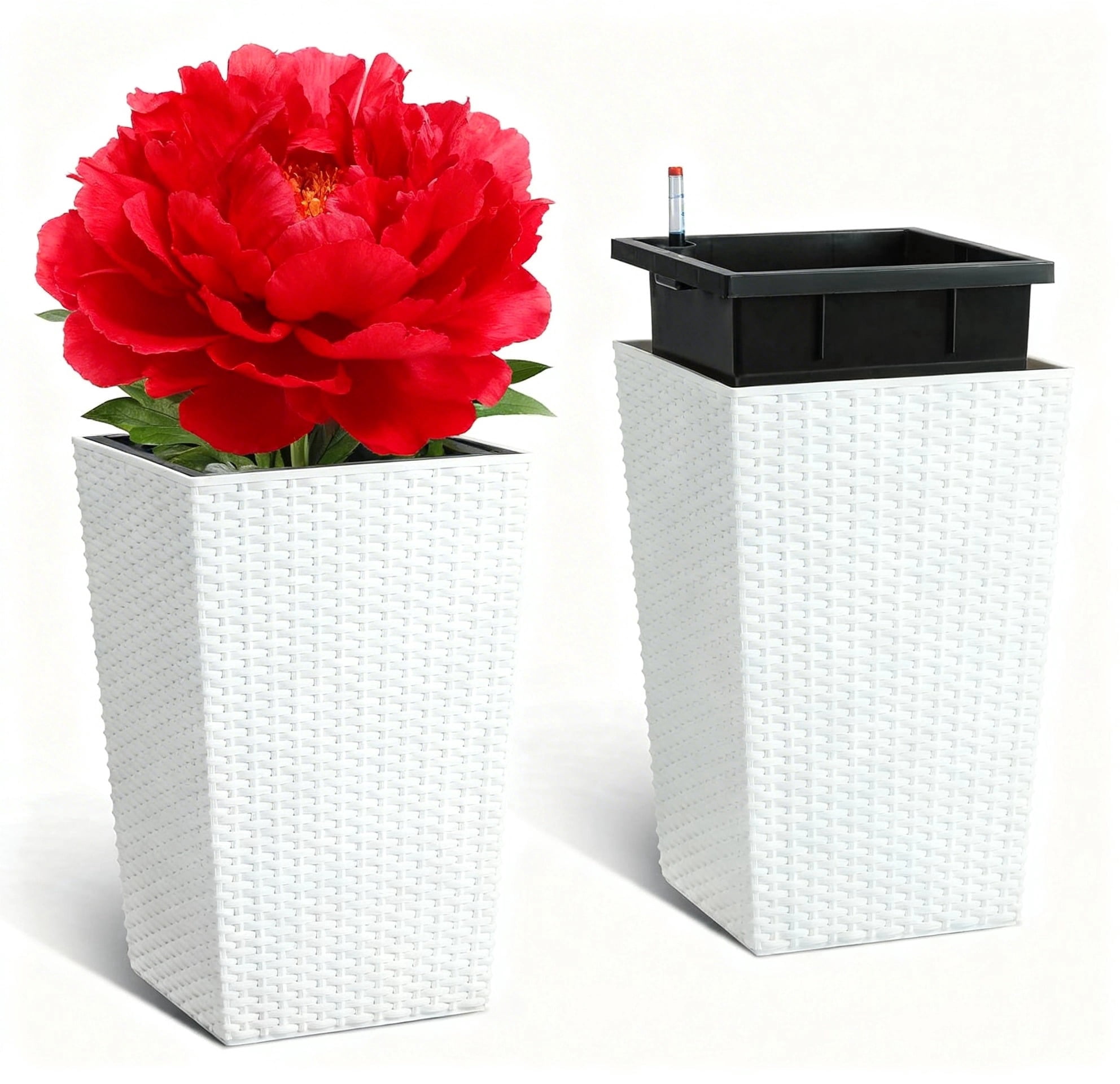 Garvee 15.6" Tall Planter Pots Set of 2, Rattan style, Tray & Water Level Monitor, White