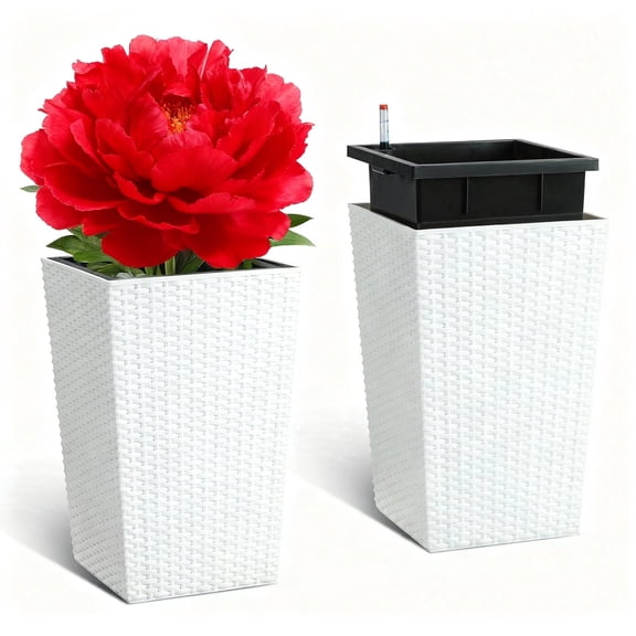 Garvee 15.6" Tall Planter Pots Set of 2, Rattan style, Tray & Water Level Monitor, White