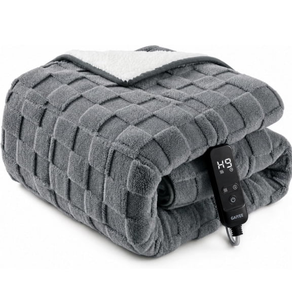 Garvee 15 lbs Heated Weighted Throw 50" x 60", Jacquard Fleece with 10 Heat Settings, 1-9H Auto-Off, Gray