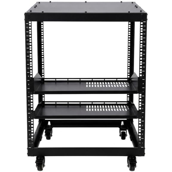 Garvee 15U Open Frame Server Rack, Adjustable 23"-40" Depth, IT Rack with Lockable Casters, 1U Shelf Included, 500lbs Capacity for Network, Servers, AV Equipment, Router & Modem
