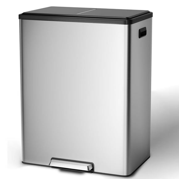 Garvee 16 Gallon Kitchen Trash Can, 30L+30L Step Dual Recycling Bin, Large Stainless Steel Garbage Can with 2 Removable Barrel, Wide Step Pedal, Soft Close Lid, Silver