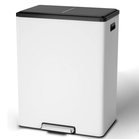 Garvee 16 Gallon Kitchen Trash Can, 30L+30L Step Dual Recycling Bin, Large Stainless Steel Garbage Can with 2 Removable Barrel, Wide Step Pedal, Soft Close Lid, White
