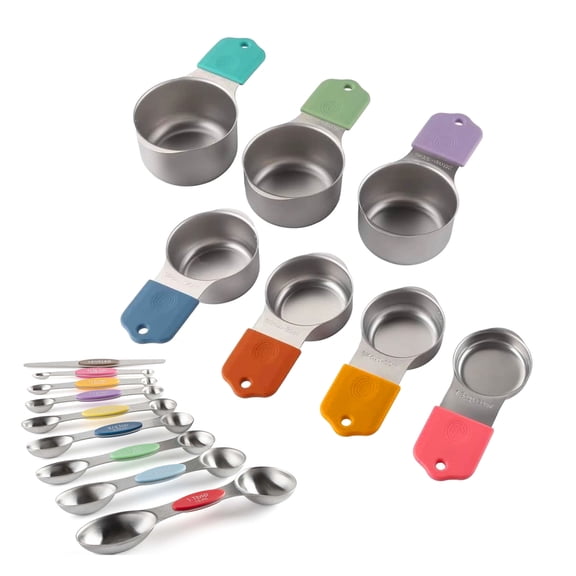 Garvee 16-Piece Magnetic Measuring Cups and Spoons Set, 304 Stainless Steel with Silicone Handles, 7 Cups 8 Spoons & 1 Leveler, Stackable Dry & Liquid Measuring Set, Multicolor