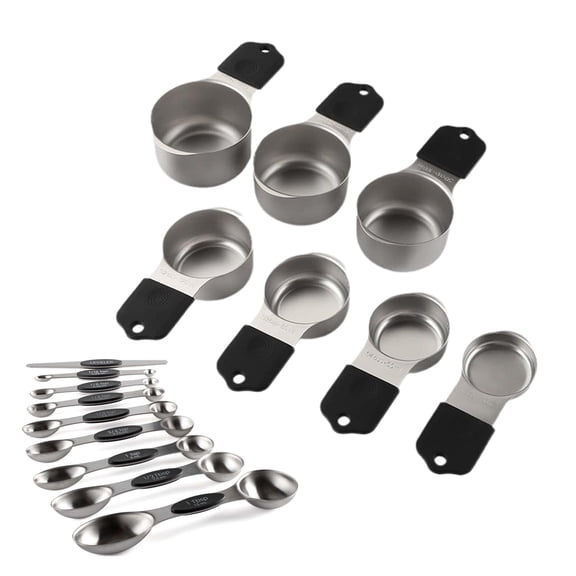 Garvee 16-Piece Magnetic Measuring Cups and Spoons Set, 304 Stainless Steel with Silicone Handles, 7 Cups 8 Spoons & 1 Leveler, Stackable Dry & Liquid Measuring Set, Black