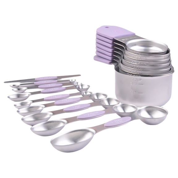 Garvee 16-Piece Magnetic Measuring Cups and Spoons Set, 304 Stainless Steel with Silicone Handles, Dual Scale Baking Measuring Tools, Purple, Dishwasher Safe