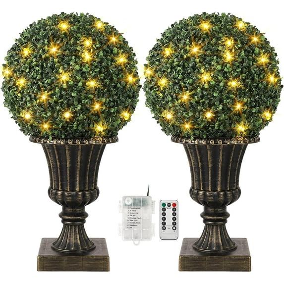 Garvee 16" Pre-Lit Artificial Topiary Ball – Lush Green Boxwood Plant with 8 Lighting Modes, Timer & Remote, Gold Urn Base – Indoor & Outdoor Porch, Garden, Front Door Decor