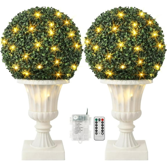 Garvee 16" Pre-Lit Artificial Topiary Ball – Lush Green Boxwood Plant with 8 Lighting Modes, Timer & Remote, White Urn Base – Indoor & Outdoor Porch, Garden, Front Door Decor