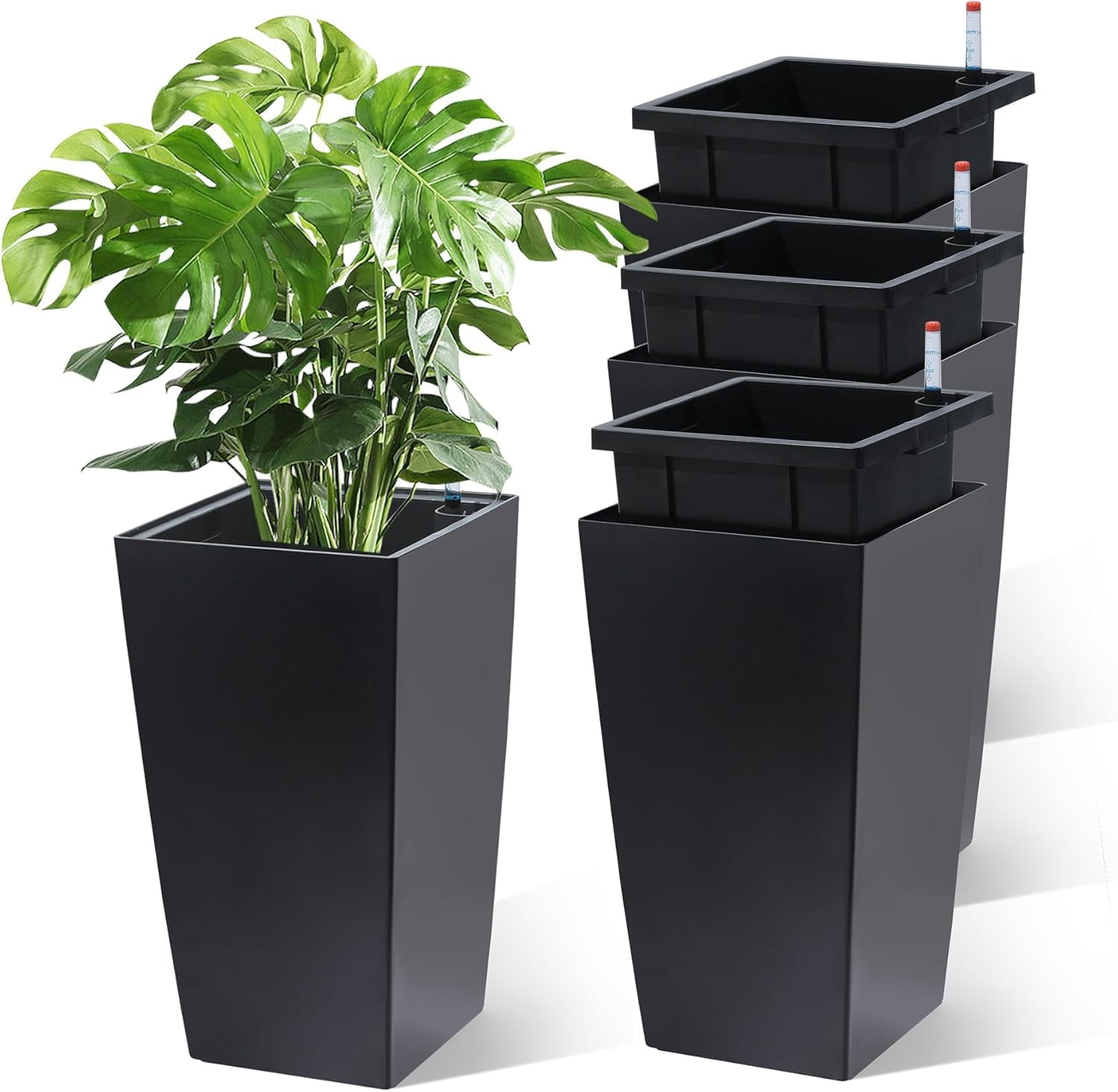 Garvee 16" Tall Self-Watering Planter Pots, Set of 4, Outdoor & Indoor Planters with Water Level Monitor and Drainage Holes, Black