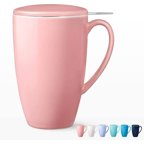 Garvee 16oz Tea Mug with Infuser and Lid, 500ml Tea Infuser Mug with Handle Ceramic Cup with Filter for Tea, Milk, Coffee, Loose Leaf Tea Infusers, Pink