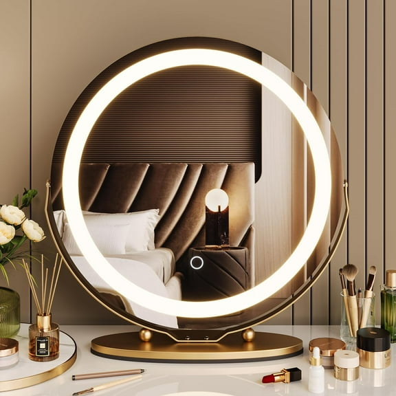 Garvee 19" Vanity Mirror with LED Lights, Round Makeup Mirror with 3-Color Touch Control, 360° Rotation, Tabletop & Wall-Mount Mirror for Bedroom, Bathroom & Dressing Room, Gold