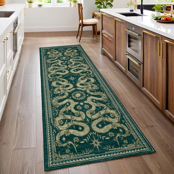 Garvee 2.5'x8' Modern Snake Printed Runner Rug Washable Kitchen Rug, Forest Low Pile Stain Resistant Rug Non Slip Carpet for Bedroom Laundry Room Entryway, Blue