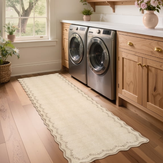 Garvee 2.5x10 Scalloped Runner Rugs Floral Print Rug with Non Slip Backing, Washable Indoor Carpet for Hallway Bedroom Kitchen, Coffee