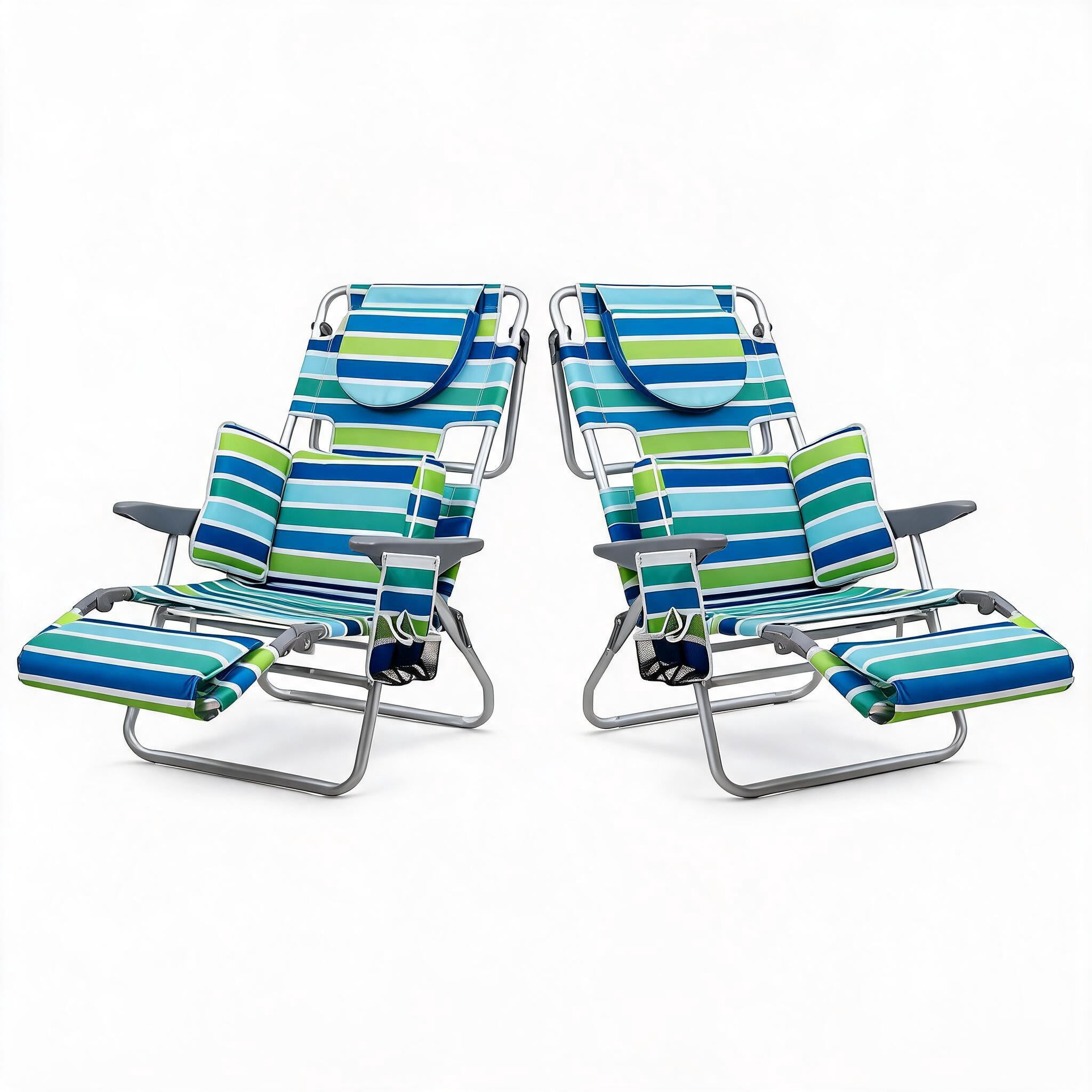 Garvee 2 Pack Folding Beach Reclining Lounge Chair with Footrest, Face Hole,Storage Pocket,Headrest