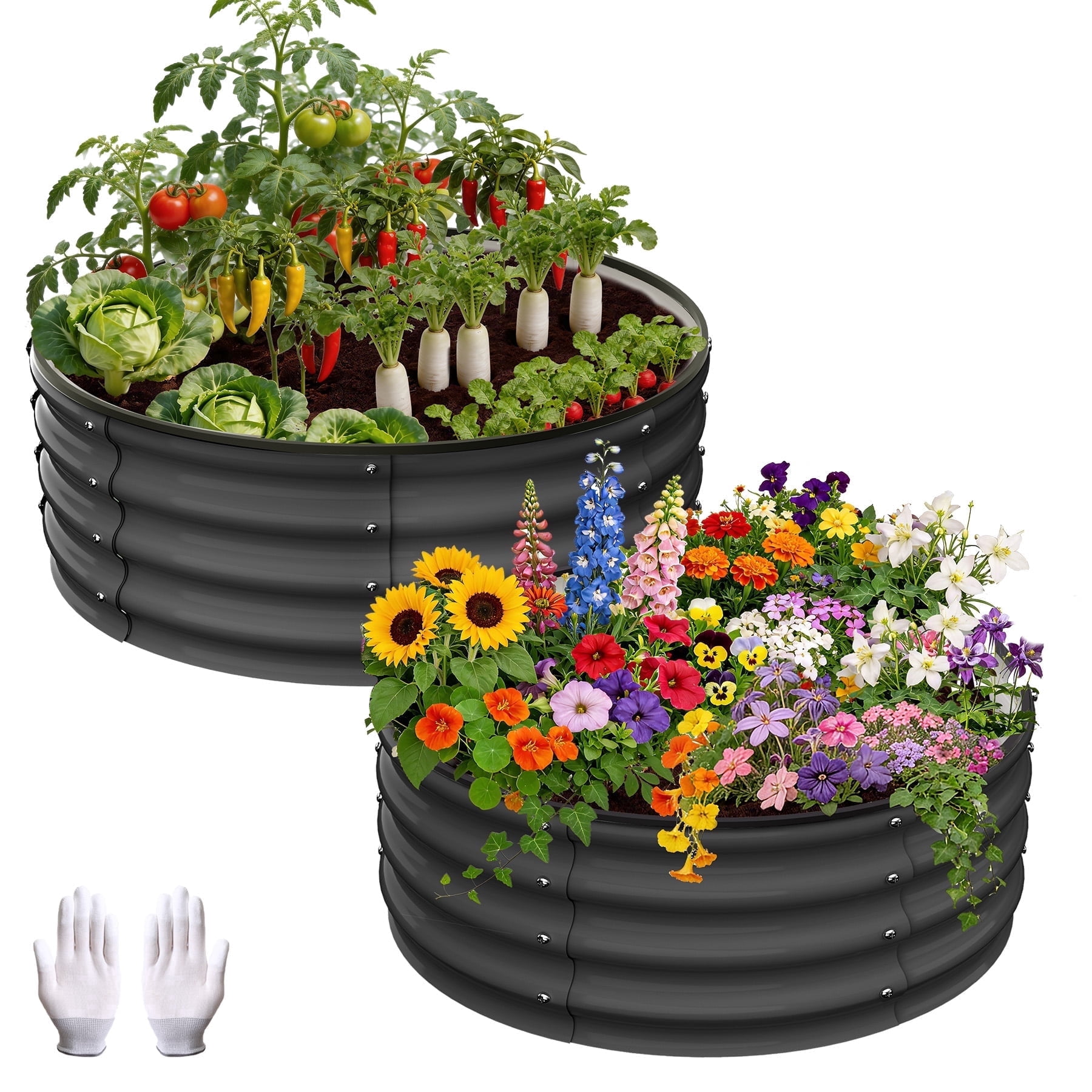 Garvee 2 Pcs Round Metal Raised Garden Bed, Galvanized Steel Planter Box, 2x2x1 FT Open-Bottom Outdoor Garden Bed with Safety Rubber Edging, Easy Assembly for Vegetables, Flowers, Herbs, Grey