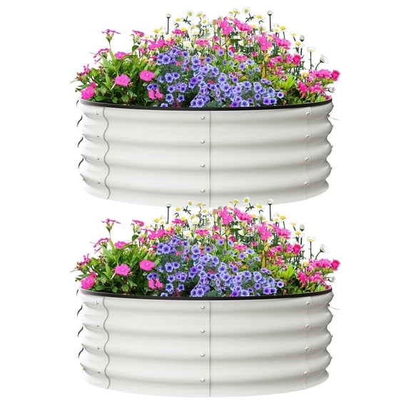 Garvee 2 Pcs Round Metal Raised Garden Bed, Galvanized Steel Planter Box, 3x3x1 FT Open-Bottom Outdoor Garden Bed with Safety Rubber Edging, Easy Assembly for Vegetables, Flowers, Herbs, White
