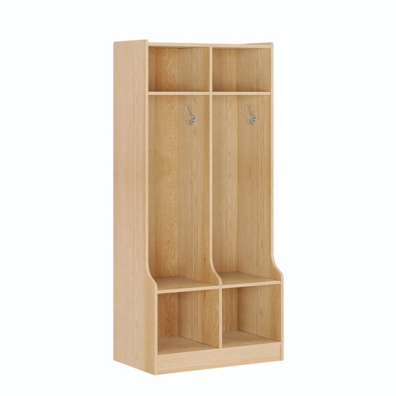 2-Section Classroom Coat Locker with 4 Cubbies, Cubby Storage Organizer with 4 Hooks for Home, School, Nursery, Kindergarten, Natural Oak