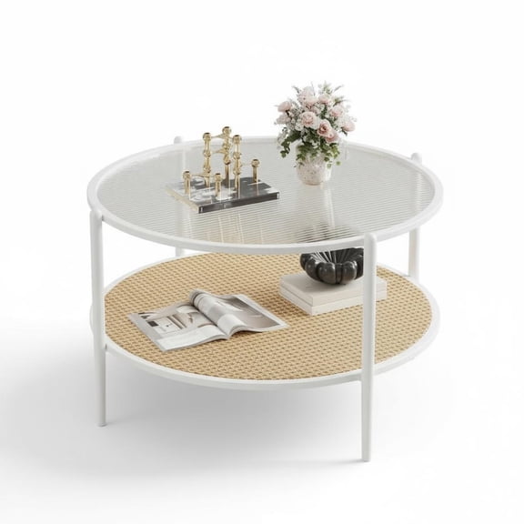 Garvee 2-Tier 30 inch Round Rattan Coffee Table with Storage, White
