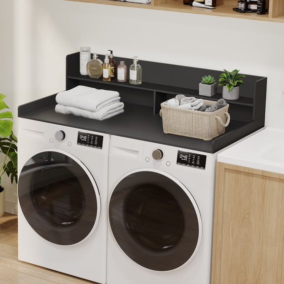 Garvee 2-Tier 54" x 28" Washer Dryer Countertop, Laundry Countertop with Open Storage Shelf, for Folding & Ironing, Black