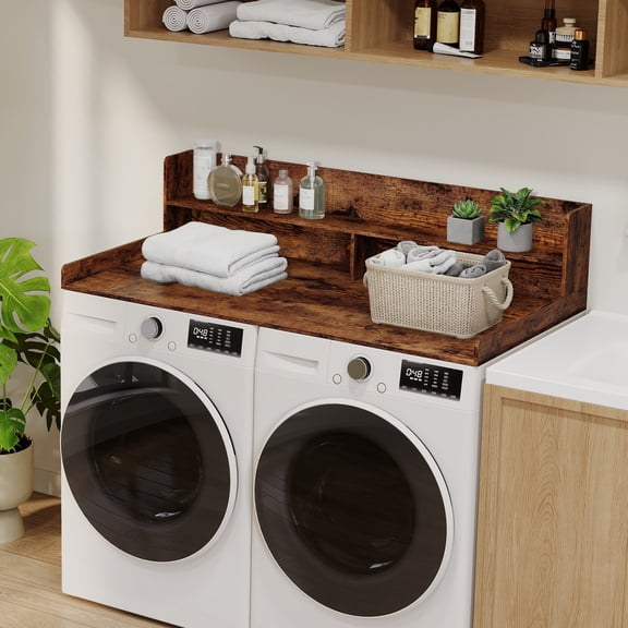 Garvee 2-Tier 54" x 28" Washer Dryer Countertop, Laundry Countertop with Open Storage Shelf, for Folding & Ironing, Brown