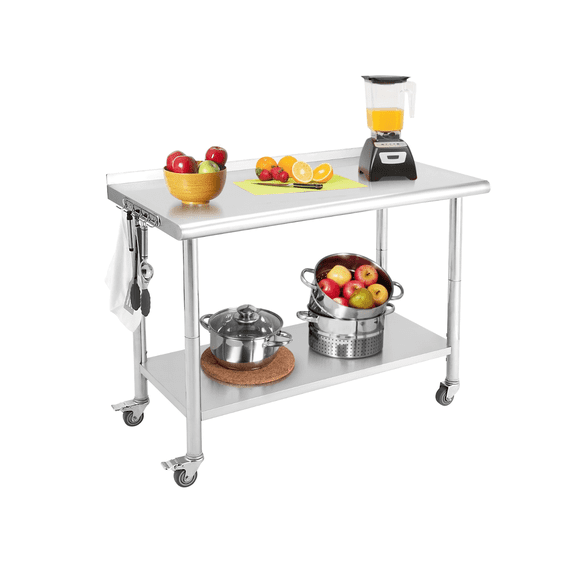 Garvee 2-Tier Stainless Steel Prep Table 36x24 Inch,  NSF Certified Heavy Duty Metal Workbench with Lockable Wheels, Adjustable Undershelf & Hooks, Kitchen Work Table for Restaurant, Bakery