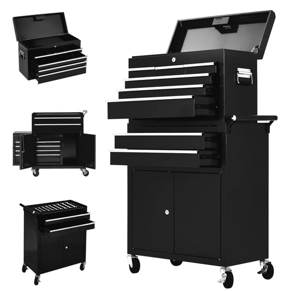 Garvee 2-in-1 Rolling Tool Chest, Heavy-Duty Metal Tool Storage Organizer with Liners and Locking System for Garage, Workshop, Black