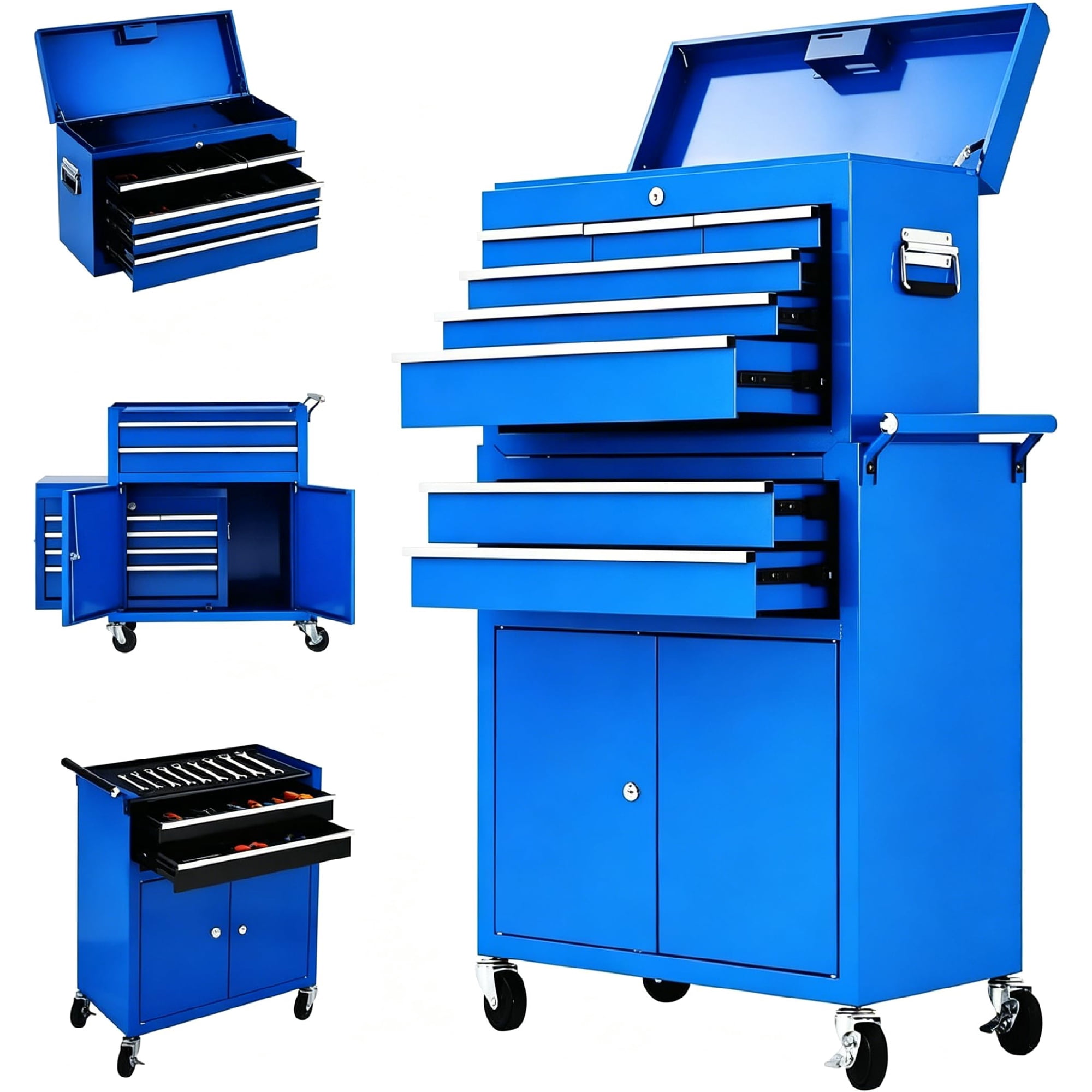 Garvee 2-in-1 Rolling Tool Chest, Heavy-Duty Metal Tool Storage Organizer with Liners and Locking System for Garage, Workshop, Blue