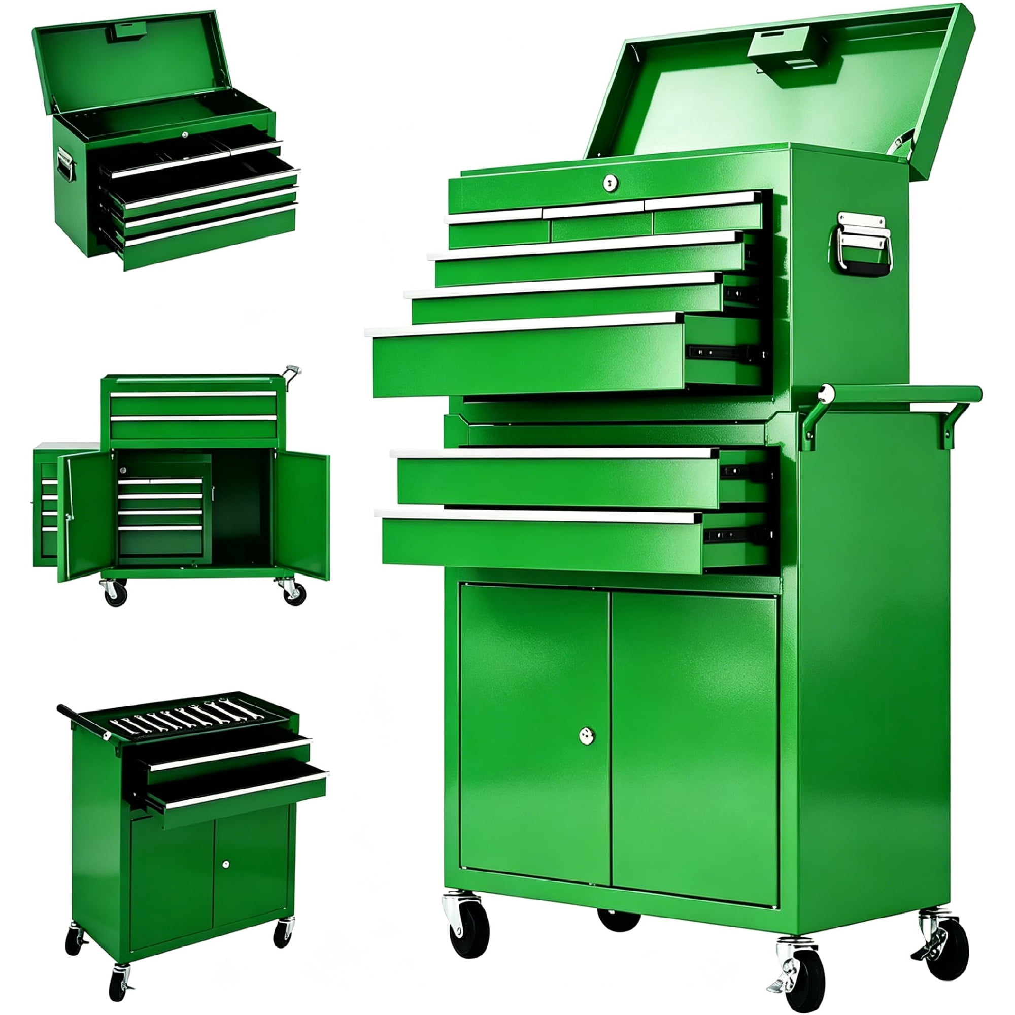 Garvee 2-in-1 Rolling Tool Chest, Heavy-Duty Metal Tool Storage Organizer with Liners and Locking System for Garage, Workshop, Green