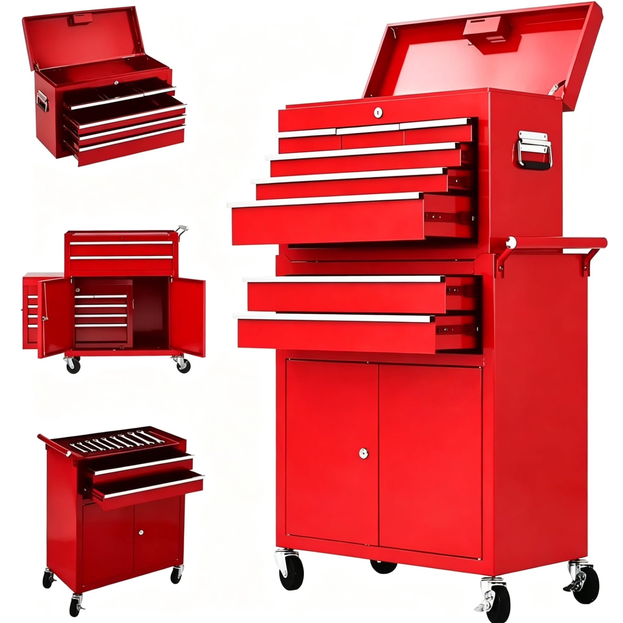 Garvee 2-in-1 Rolling Tool Chest, Heavy-Duty Metal Tool Storage Organizer with Liners and Locking System for Garage, Workshop, Red