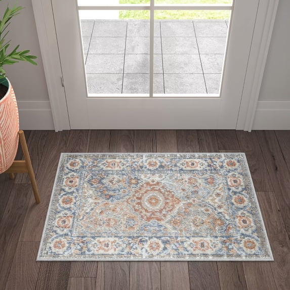 Garvee 2' x 3' Small Rug Entryway Rug Floral Pattern Door Mat Non Shedding Non Slip Floor Mat for Living Room Bedroom, Blue/Orange