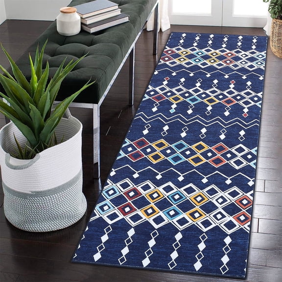 Garvee 2' x 6' Boho Runner Rug Farmhouse Geometric Runner Rug Soft Faux Wool Moroccan Hallway Runners Non-Slip Non-Shedding Rug for Laundry, Blue
