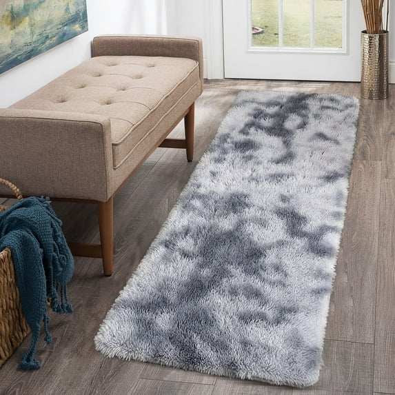 Garvee 2' x 6' Fluffy Runner Rug Soft Shag Plush Area Rug Carpet Non-Slip Fuzzy Bedside Rug Hallway Home Decor, Light Gray