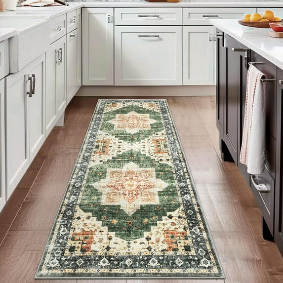 Garvee 2' x 6' Runner Rug Vintage Persian Distressed Rug No-Slip Stain-resistant Low Pile Runner Rug for Hallway Kitchen Home Decor, Green