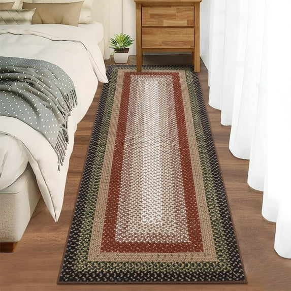 Garvee 2'x10' Braided Print Runner Rugs, Machine Washable Soft Runner Rug for Entryway Bedroom Hallway Kitchen, Red and Black