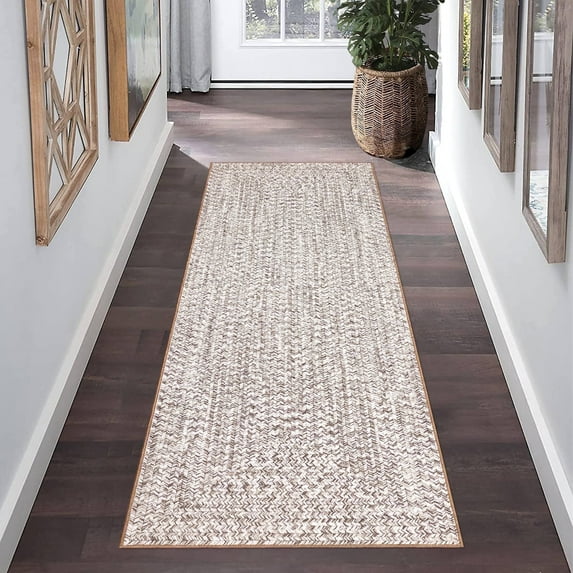 Garvee 2'x10' Runner Rugs Kitchen Entryway Braided Print Rugs, Machine Washable Non-Slip Low Pile Indoor Rugs for Hallway, Bedroom, Living Room, Beige