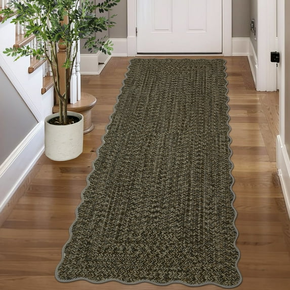 Garvee 2'x10' Scalloped Rug Farmhouse Braided Print Carpet, Washable Rug Soft Non Slip Low Pile Rug Indoor Neutral Carpet for Living Room Bedroom Hallway, Brown