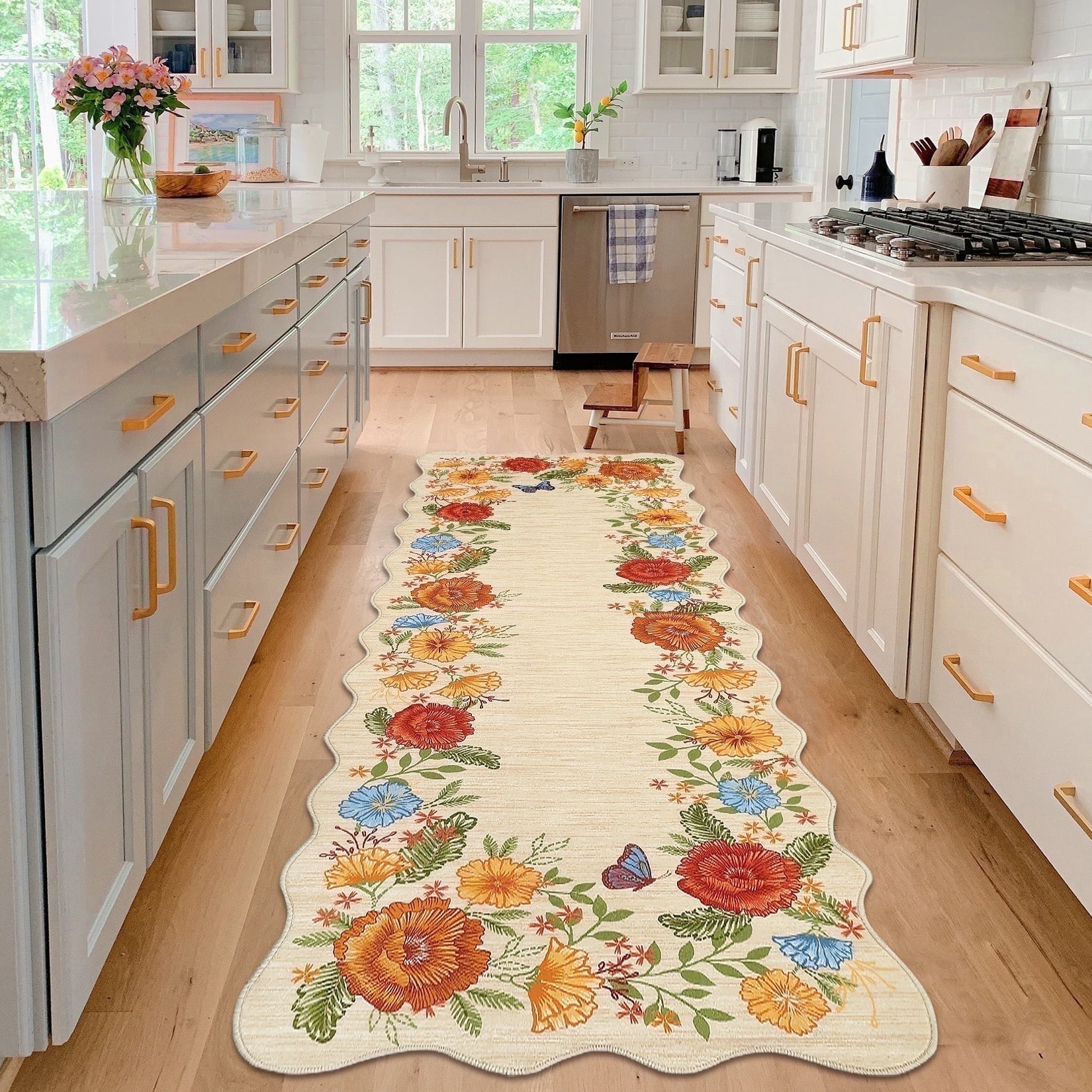 Garvee 2'x6' Area Rugs Washable Foldable Print Runner Rug, Non-Slip Low Pile Rug Distressed Indoor Floral Rugs for Hallway, Laundry Room Rug, Farmhouse Kitchen Mat, Yellow