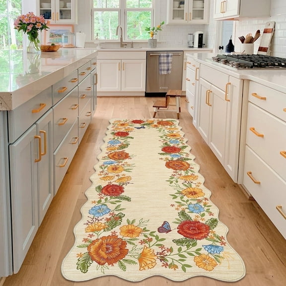 Garvee 2'x6' Area Rugs Washable Foldable Print Runner Rug, Non-Slip Low Pile Rug Distressed Indoor Floral Rugs for Hallway, Laundry Room Rug, Farmhouse Kitchen Mat, Yellow