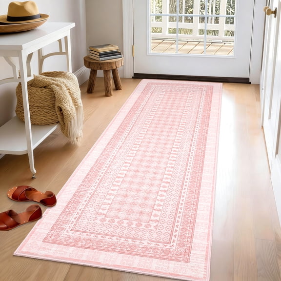 Garvee 2'x6' Boho Bordered Runner Rug Vintage Carpet, Washable Farmhouse Rug with Non Slip Backing for Hallway Bedroom Kitchen, Pink